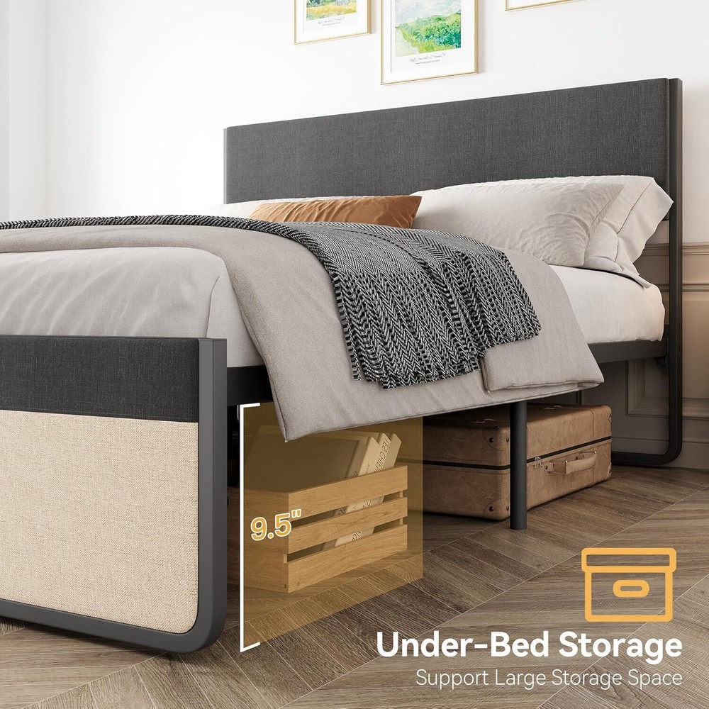Full Size Bed Frame Headboard Platform Bed Frame Metal Slats Support & 2 Drawers