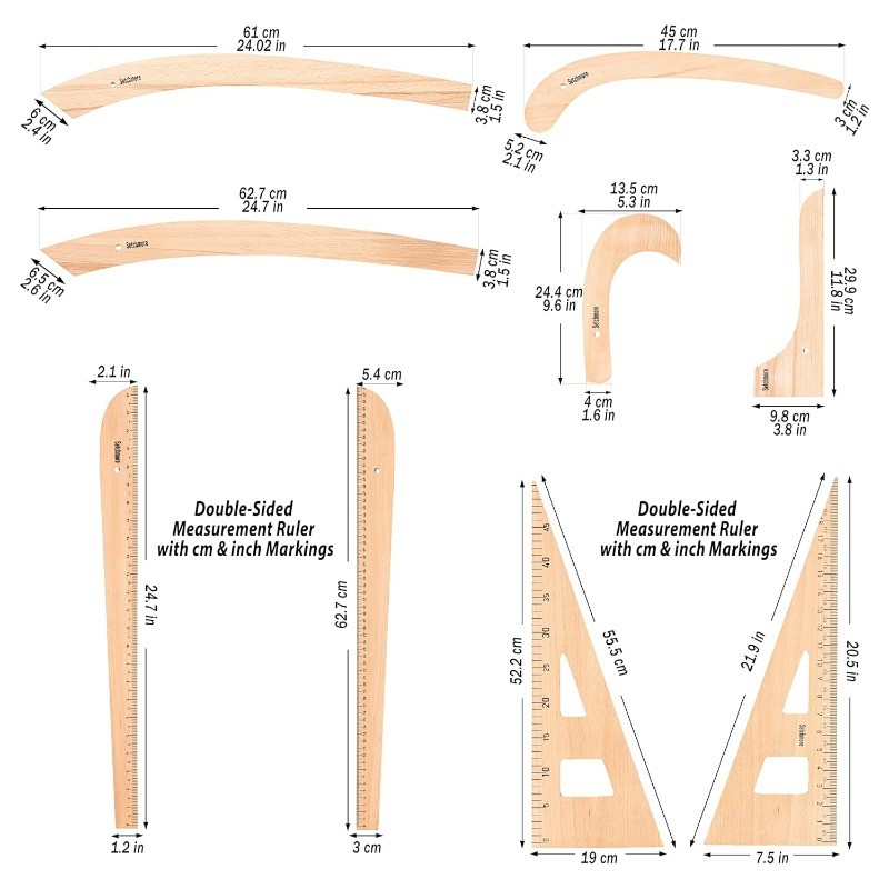 7 Piece Beech Wood Sewing Ruler Set, Wooden Pattern Making Drafting Tools