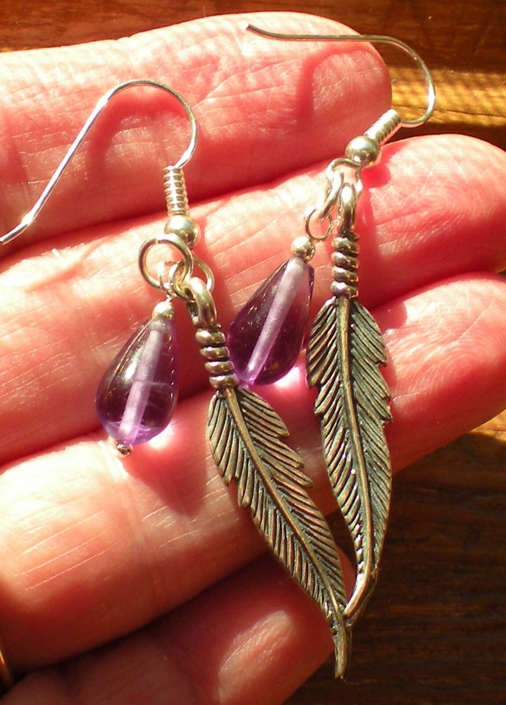 Amethyst Sterling Silver Feather Earrings e167