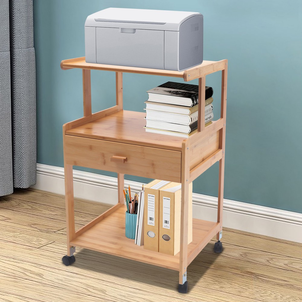 Portable Bamboo Printer Stand Wood Rolling Printer Cart With Storage Rack