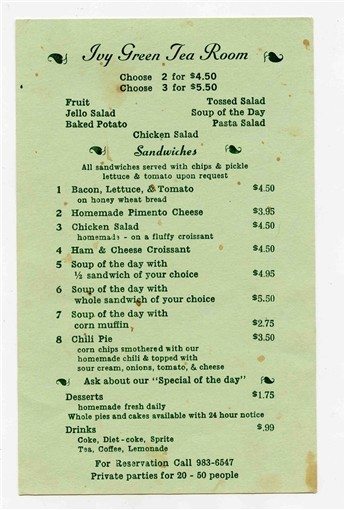 Ivy Green Tea Room Menu 1990's
