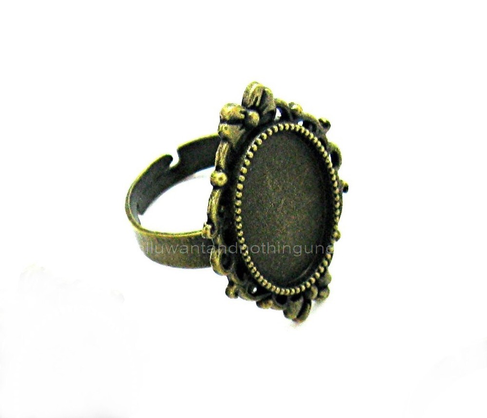 6 Antique Bronzetone Goth 18mm x 13mm CAMEO Bows Adjustable RING SETTINGS FRAMES