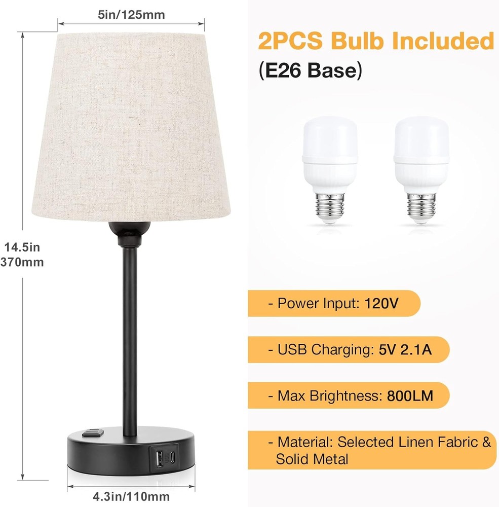 2-Piece Bedside Lamp Featuring USB-C Port and AC Power Charging Functionality