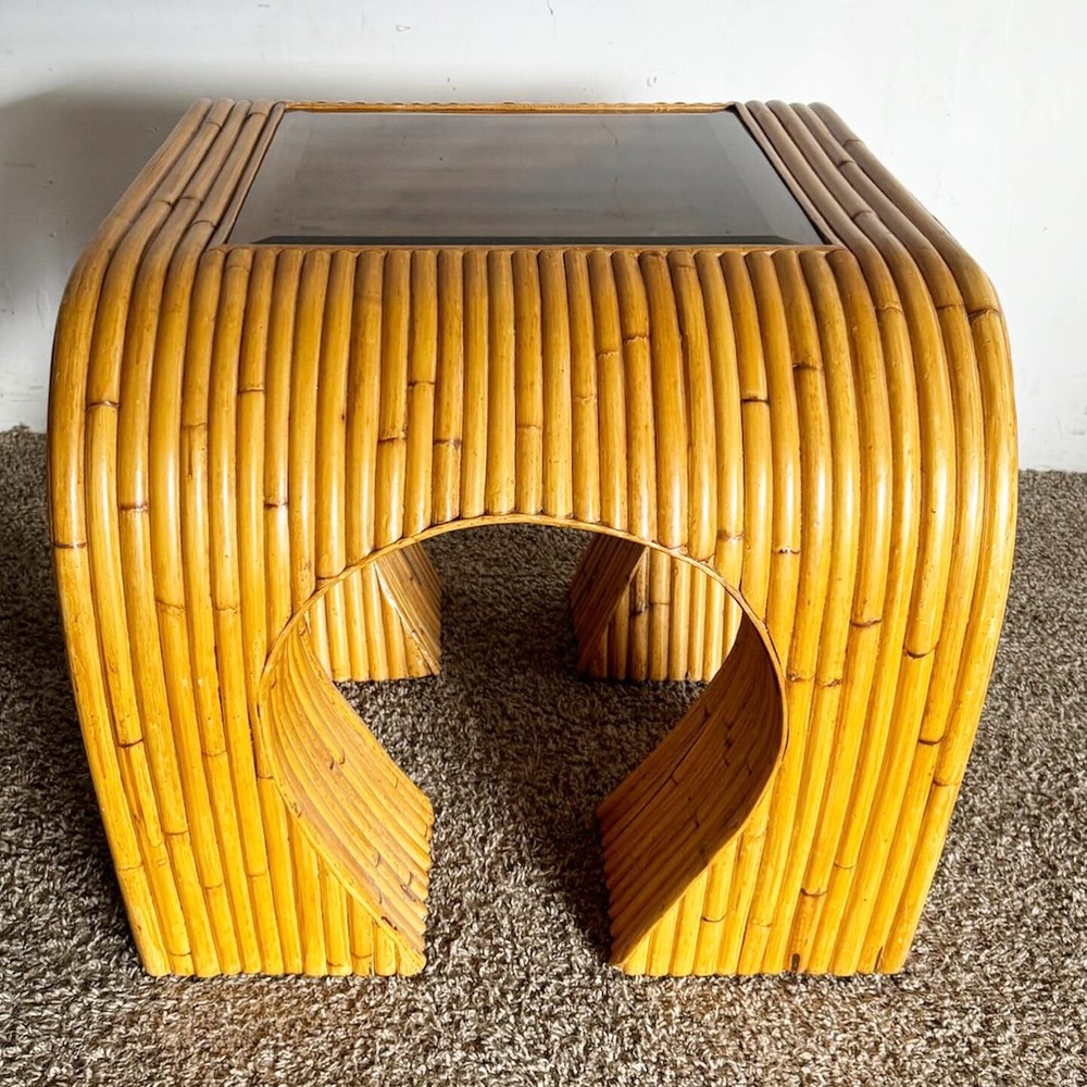Boho Chic Split Bamboo Waterfall Side Table With Inlaid Smoked Glass