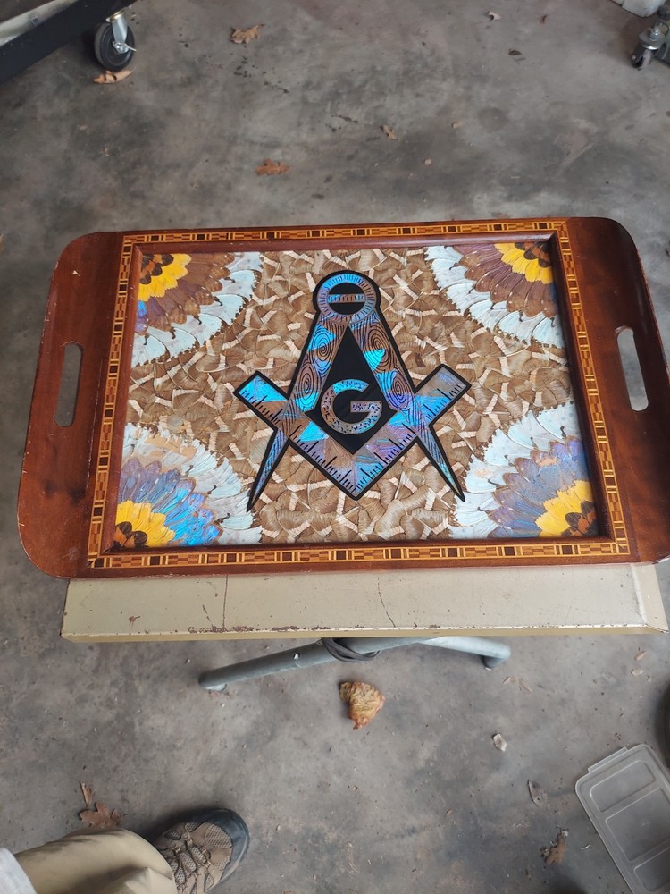 Vintage Masonic Serving Tray Blue Morpho Butterfly