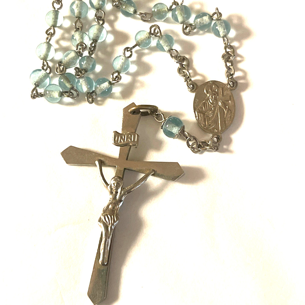Light Blue Silvertone Christian Catholic Rosary Bead Necklace