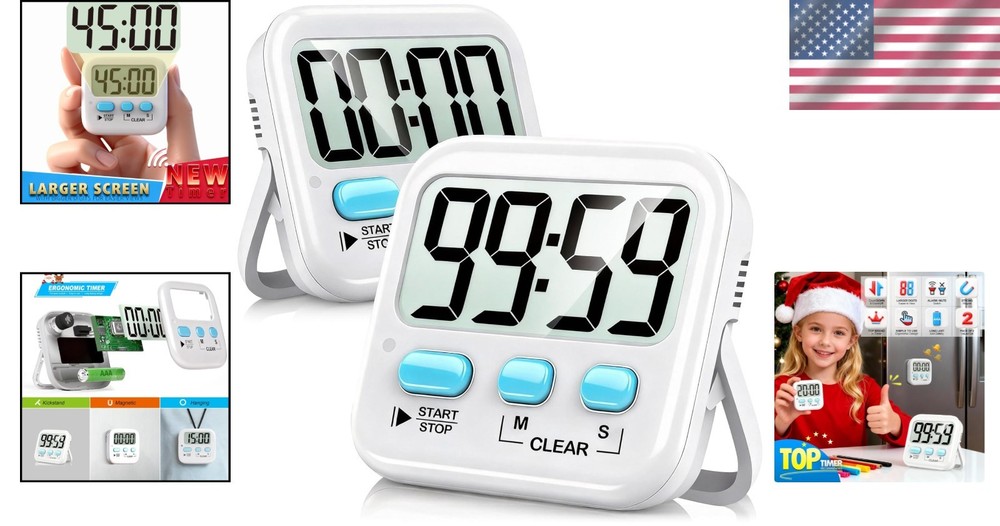 Versatile 2 Pack Kitchen & Classroom Timers - Large Display, Loud/Silent Mode