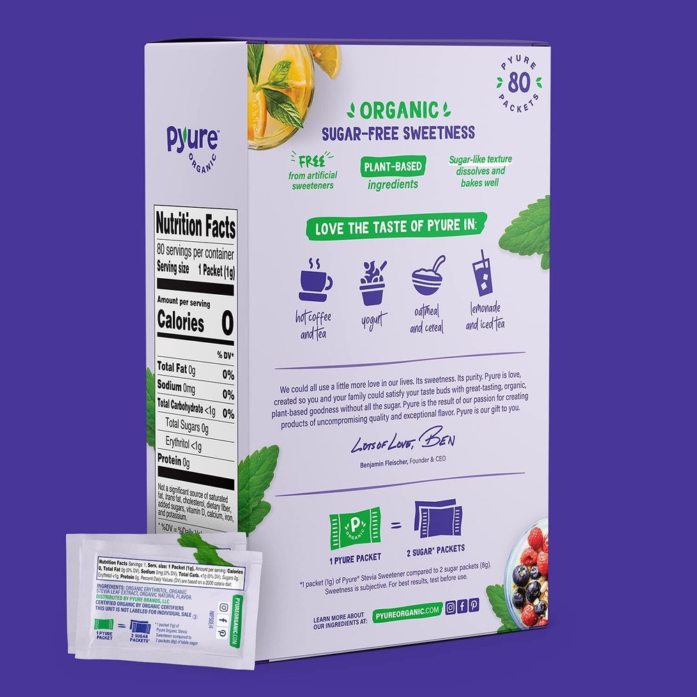 Pyure Organic Stevia Packets Sugar Substitute Zero Carb, Zero Calorie, 80 Count
