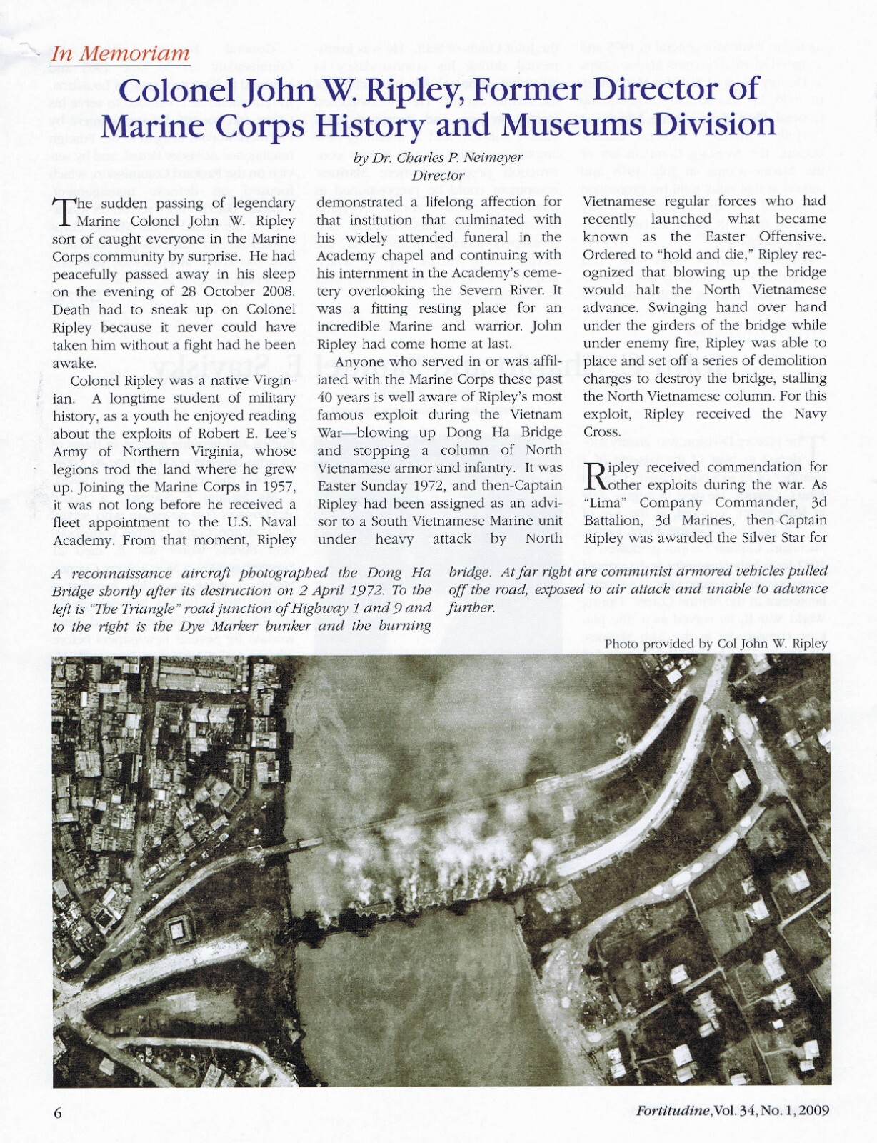 USNA 20x30 Print SIGNED by Colonel John Ripley USMC Navy Cross recipient w/COA