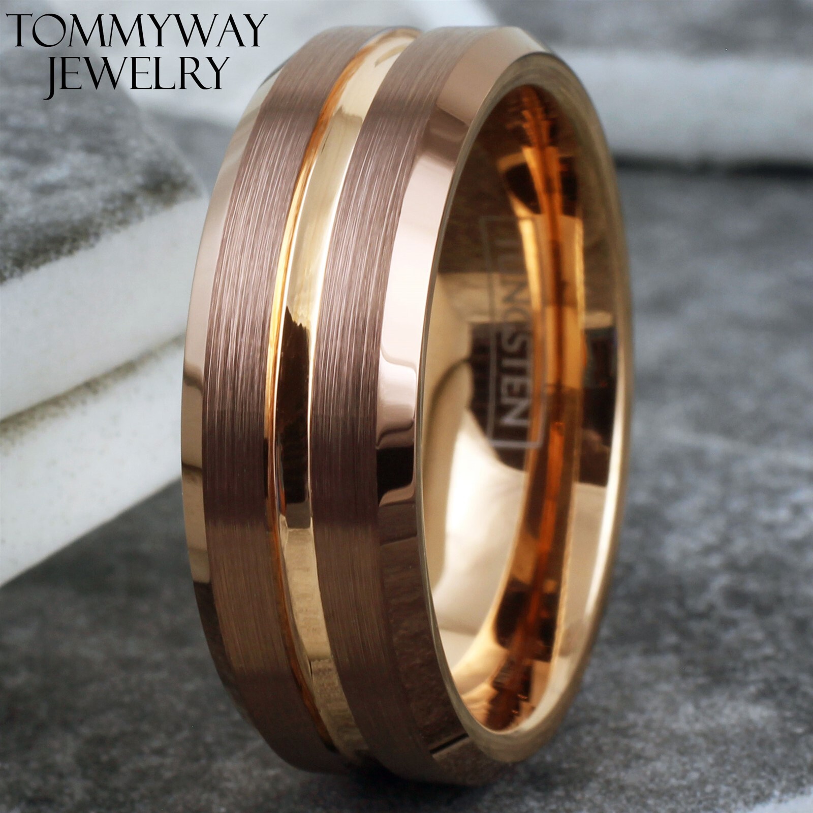 Bronze Brown Tungsten Carbide Men's Ring Rose Gold Plated Stripe Wedding Band