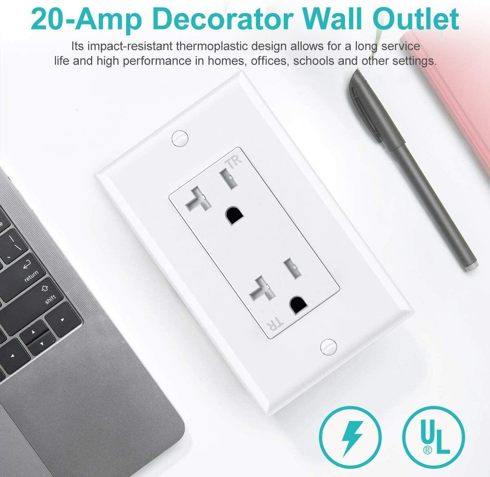 Outlet Socket, Decora Duplex Receptacle, 20 Amp 125 Volt Tamper Resistant 10pack