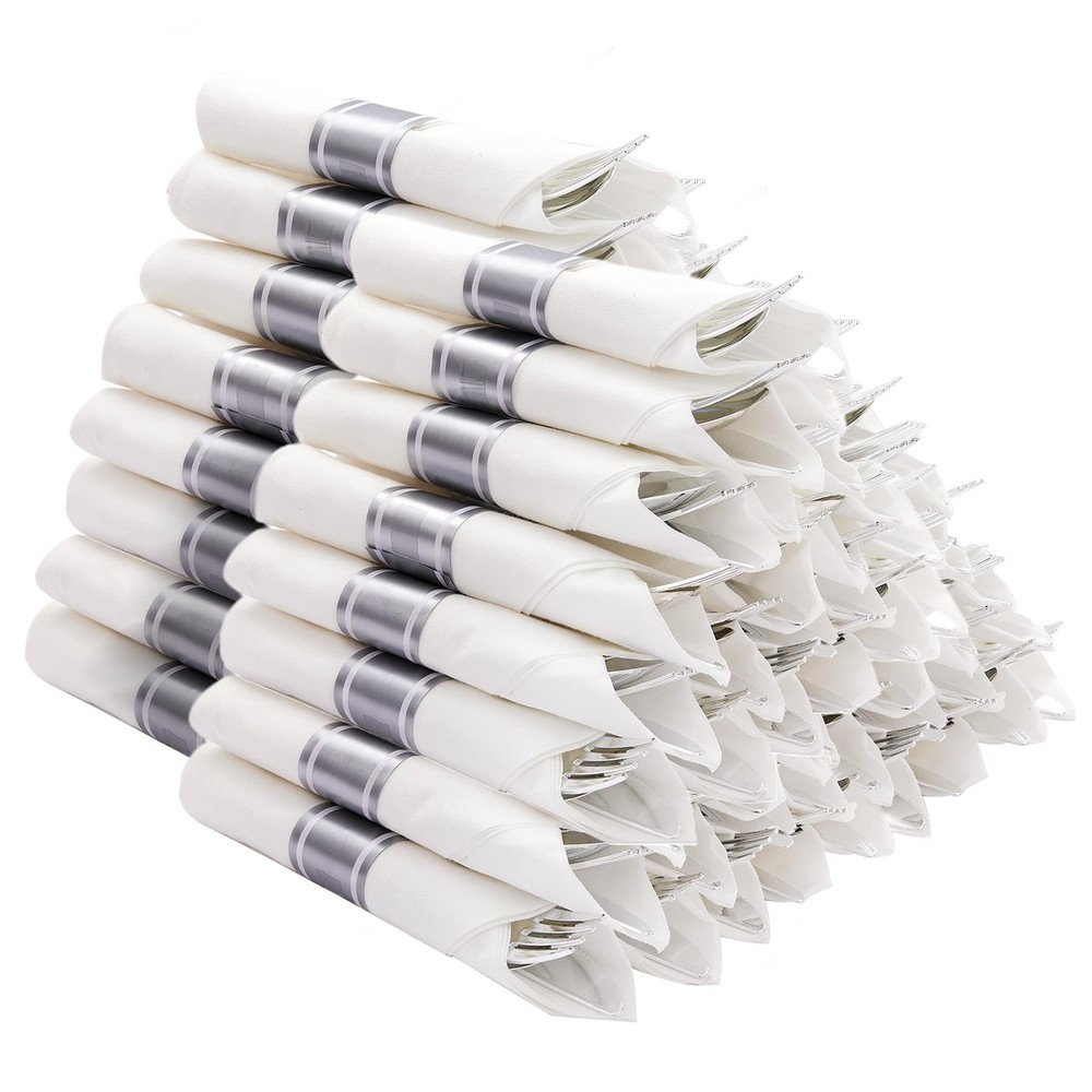 400PCS Pre Rolled Silver Plastic Silverware Sets, 100 Pack Wrapped Utensils
