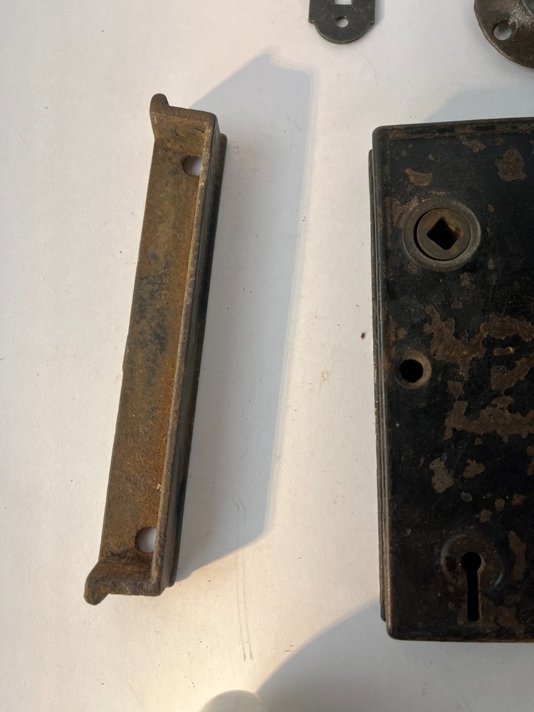 Vintage Mortise Lock Skeleton Key Catch Porcelain Knobs Spindle Escutcheon