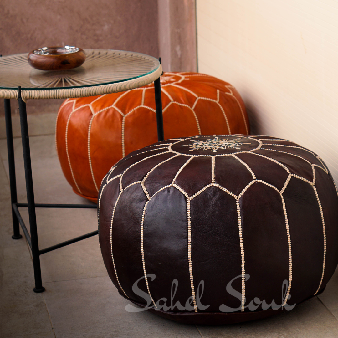 Moroccan Leather Pouf Unstuffed Moroccan Pouf Cover Boho Ottoman (Dark Brown)