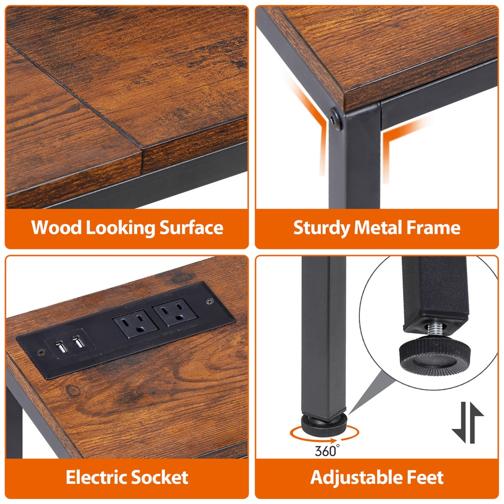 70" Narrow Console Table with Outlet Sofa Table w/ Charging Station Rustic Brown