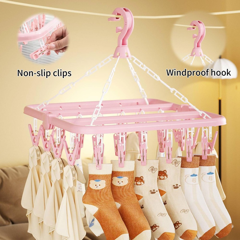 Clothes Drying Rack with 32 Clips, Foldable Hanging Rack, 360° Rotatable