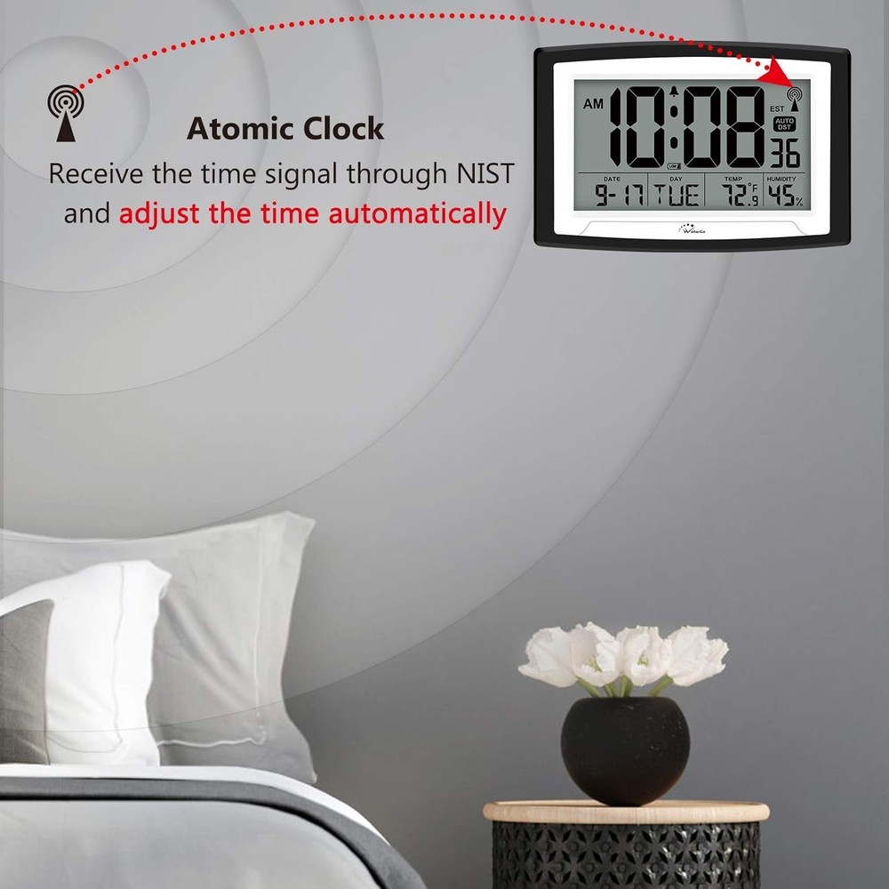 WallarGe Atomic Clock With Indoor Temperature And Humidity, 12.5" Self-Setting