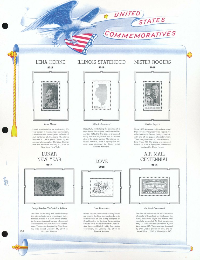 WHITE ACE 2018 US Commemorative Singles Simplified Stamp Album Supplement US