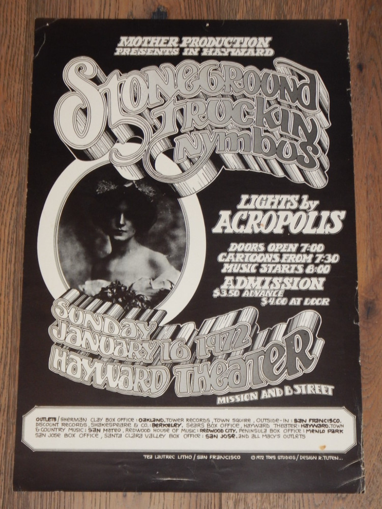1972 STONEGROUND, TRUCKIN, NYMBUS - HAYWARD THEATER CONCERT POSTER, TUTEN ART