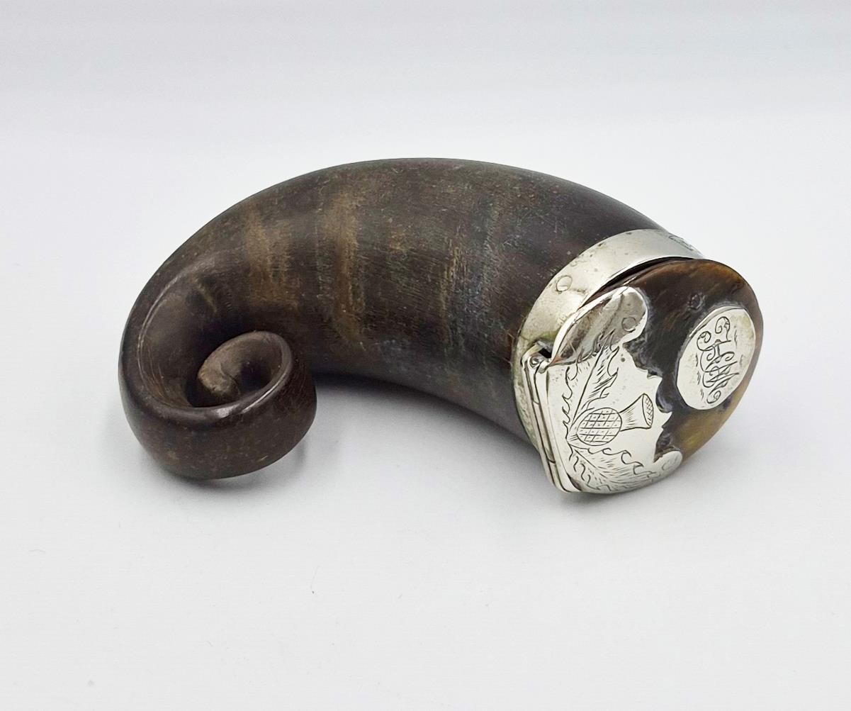 VICTORIAN SCOTTISH SILVER PLATE MOUNTED RAMS HORN SNUFF MULL c1864 HUGH MACKAY