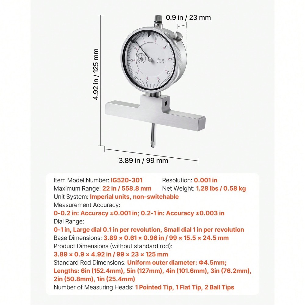 Depth Gauge, Depth Micrometer 0-22 Inch Measuring Range, 0.001" Resolution,