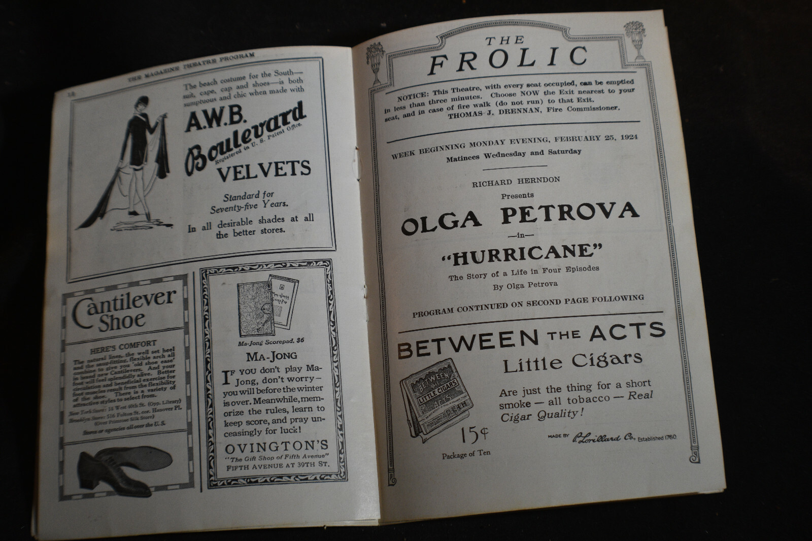 1924 The Frolic Theatre Program *Olga Petrova in HURRICANE*