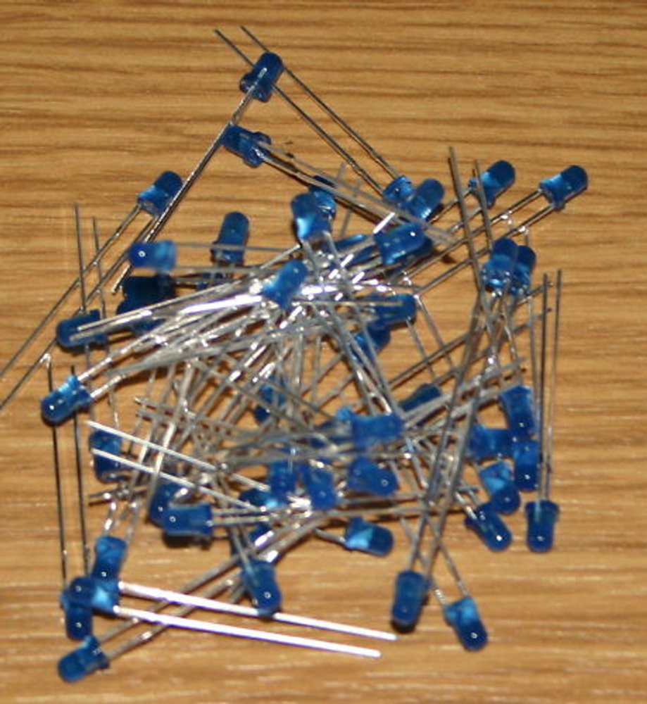 50 Blue 3mm LED Very Bright, Diffused Blue Housing, Blue, Diffused Blue Diffused