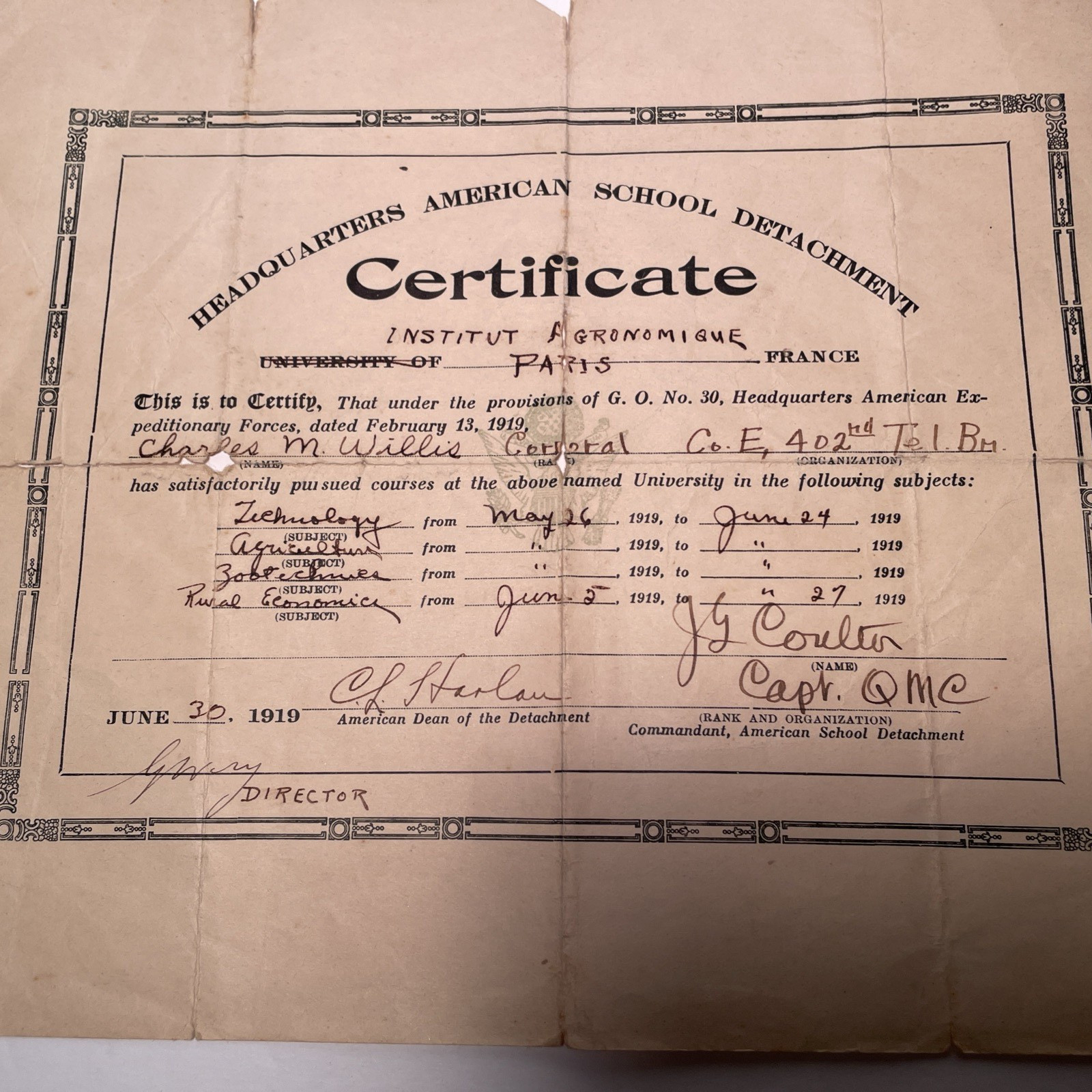 1919 ORIGINAL WW1 School of Detachment Paris France Certificate Army QMC June