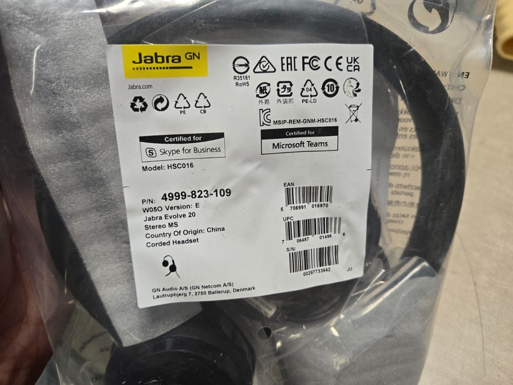 Sealed Jabra Headset 4999-823-109 HSC016 Evolve 20 Version E