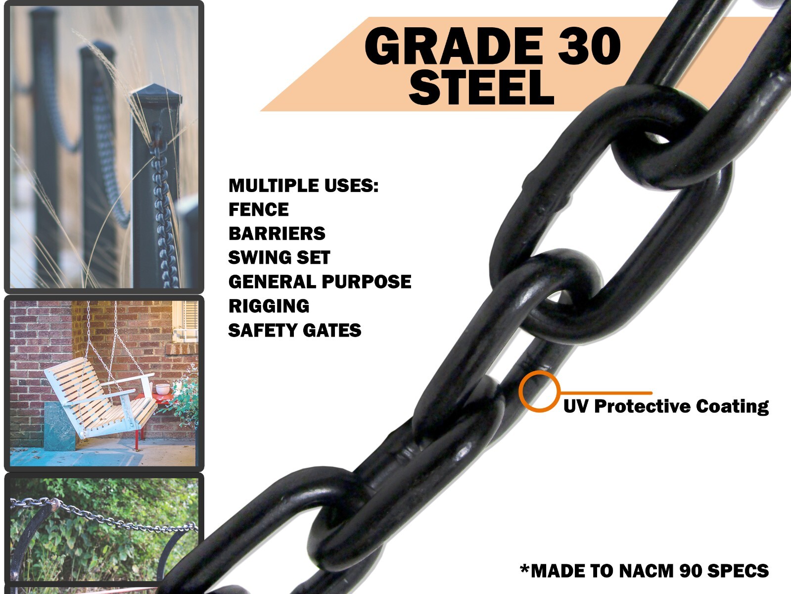 Black Powder Coated Chain 3/16" x 20' for Gate Safety Barrier Fence Swing Set