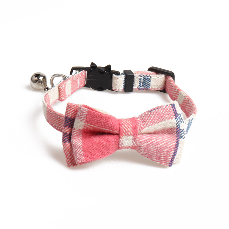 Check Plaid Cat Collar Breakaway - Bow tie Leopard Removable Kitten Silver Bell