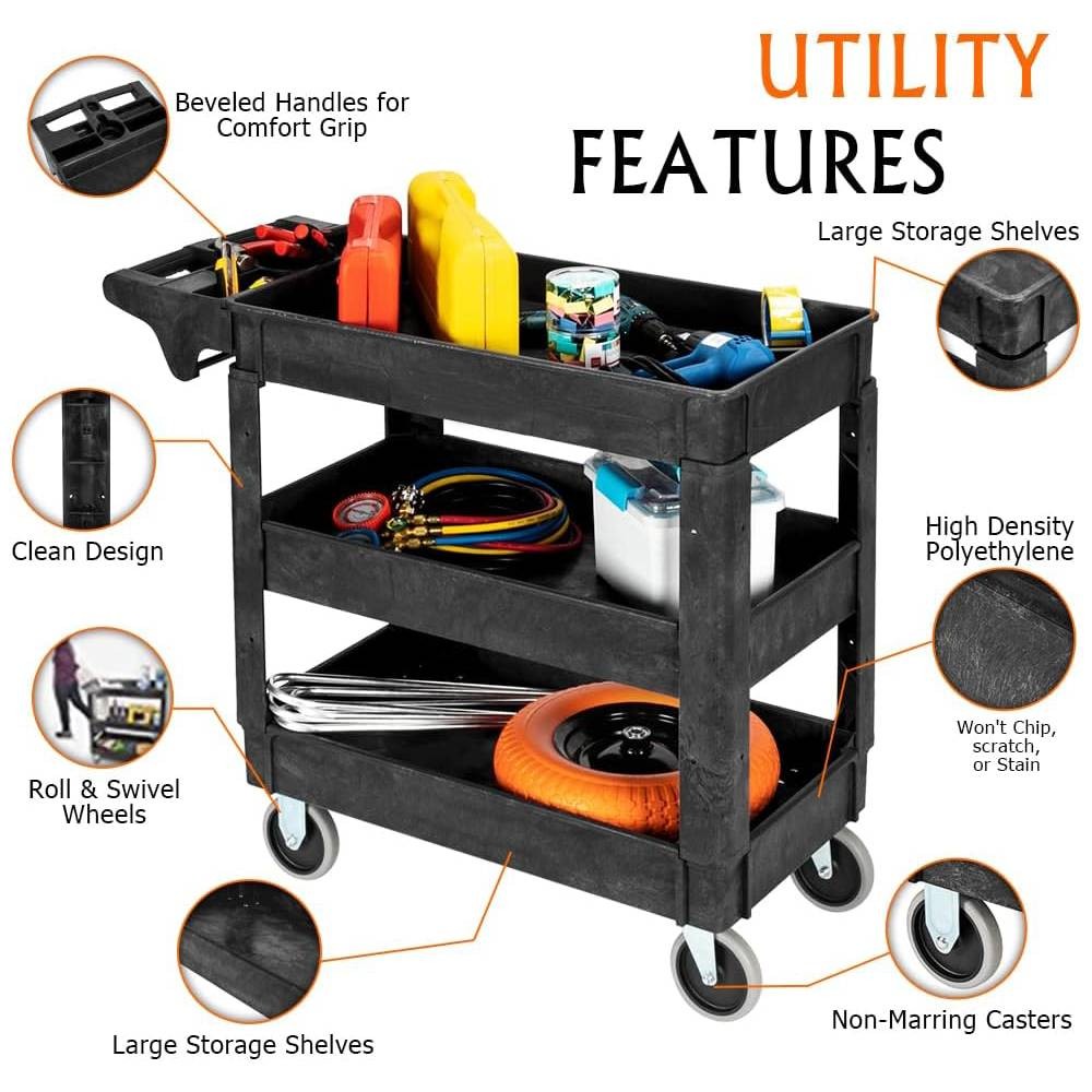 Plastic Service Utility Cart Support 550lbs Capacity Ergonomic Handle for Garage