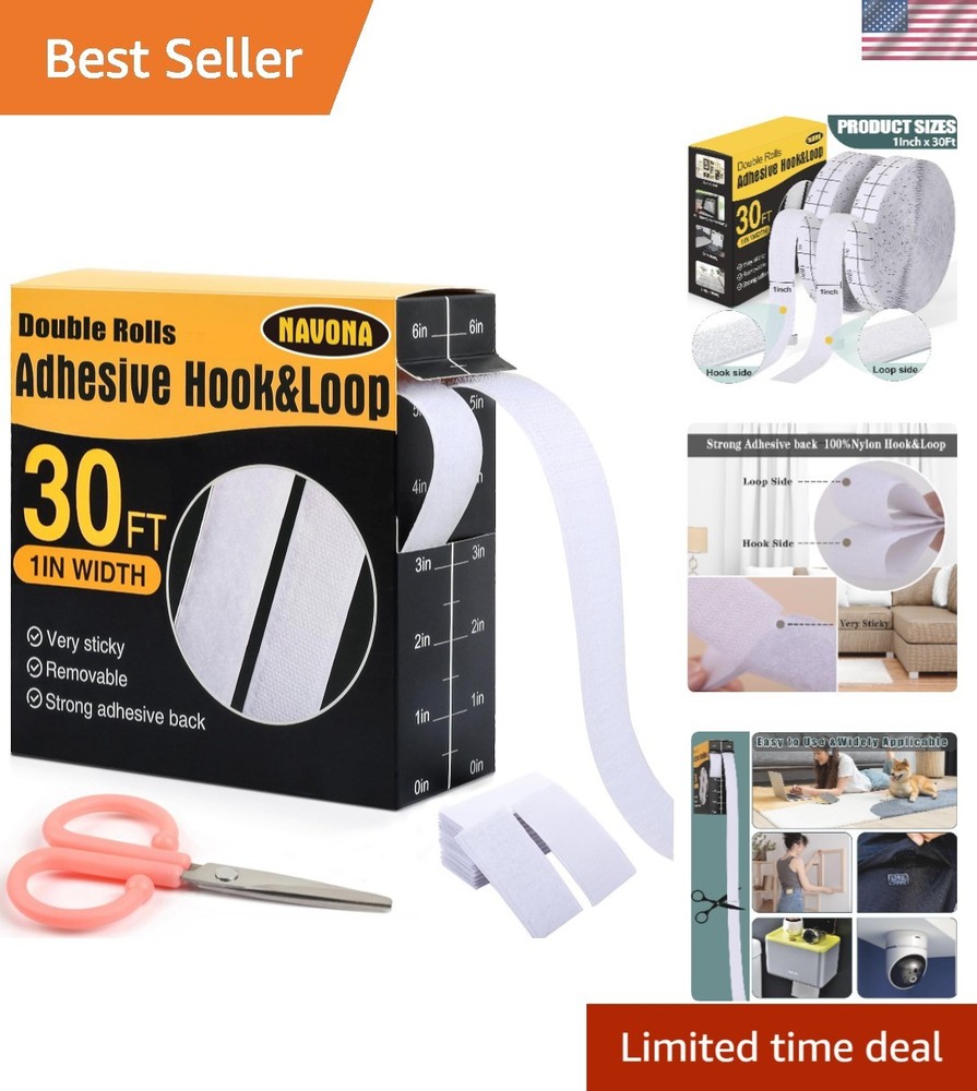 Self-Adhesive Nylon Hook and Loop Strips - 30ft Rolls for Home & Office Use