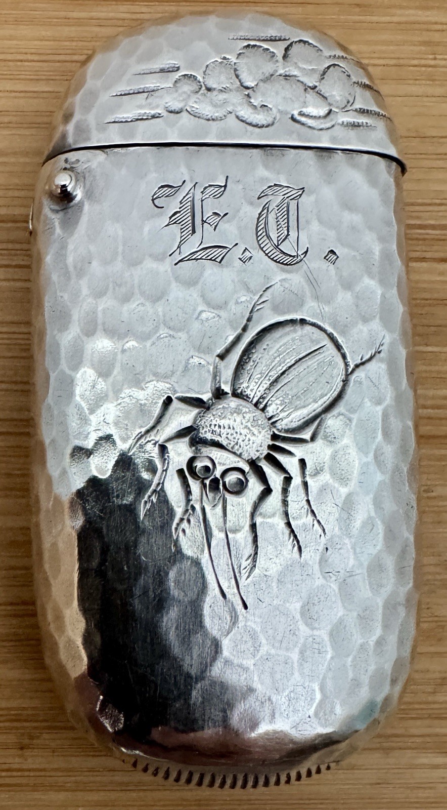 RARE DOMINICK HAFF AESTHETIC BUGS HAMMERED STERLING MATCH SAFE VESTA CASE C 1880