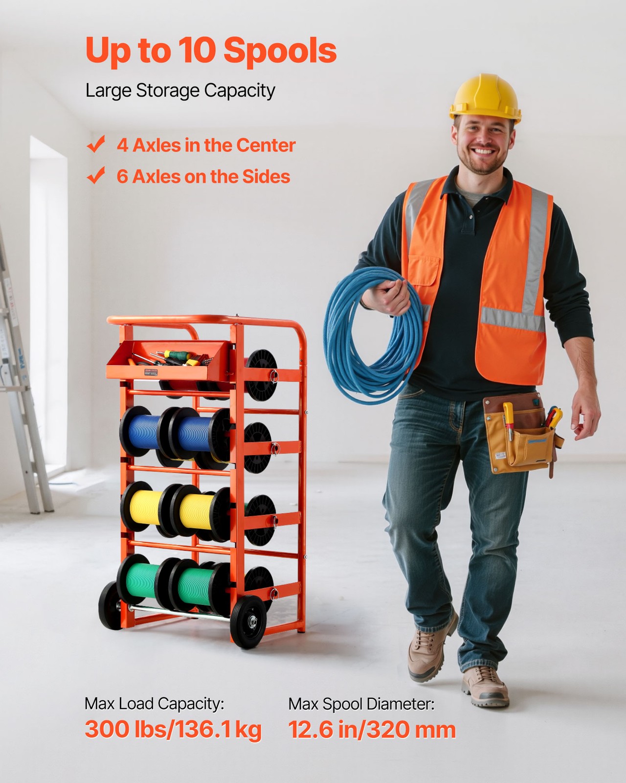 VEVOR Wire Spool Rack 11 Rods Cable Caddy Wire Spool Cart for Industrial