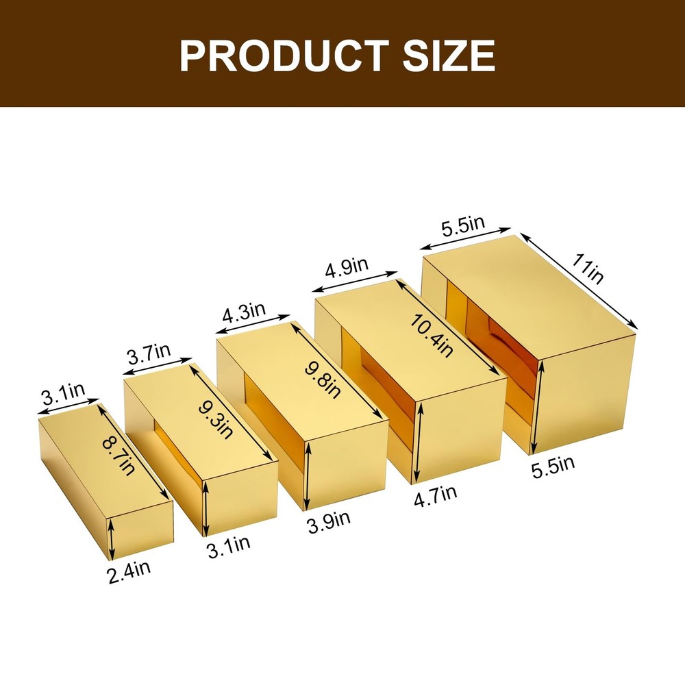 Rectangular Acrylic Food Display Risers, 5 Pcs Gold Mirror Boxes Display Nest...