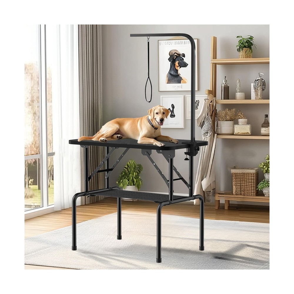 32 Inch Foldable Dog Grooming Table with Adjustable Arm, Nooses & Storage Bas...