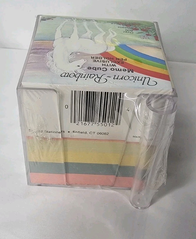 Vintage Memo Cube Stationary 3.5x35 Unicorn Rainbow USA Pen Holder