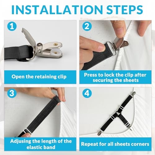 Bed Sheet Straps, 4Pcs Adjustable Bed Sheet Clips, Easy to Install 4 Pack Black