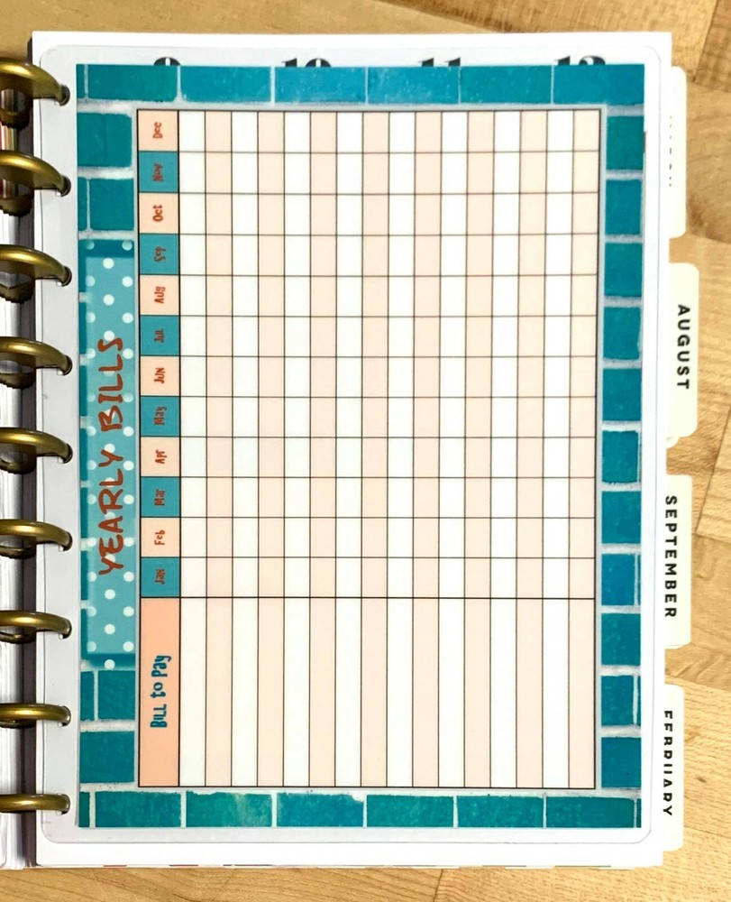 Yearly Bills to Pay Dashboard Insert for use with Classic HAPPY Planner