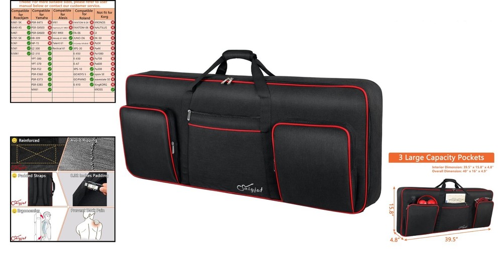 Portable 61-Key Keyboard Case with Adjustable Straps & Multiple Storage Options