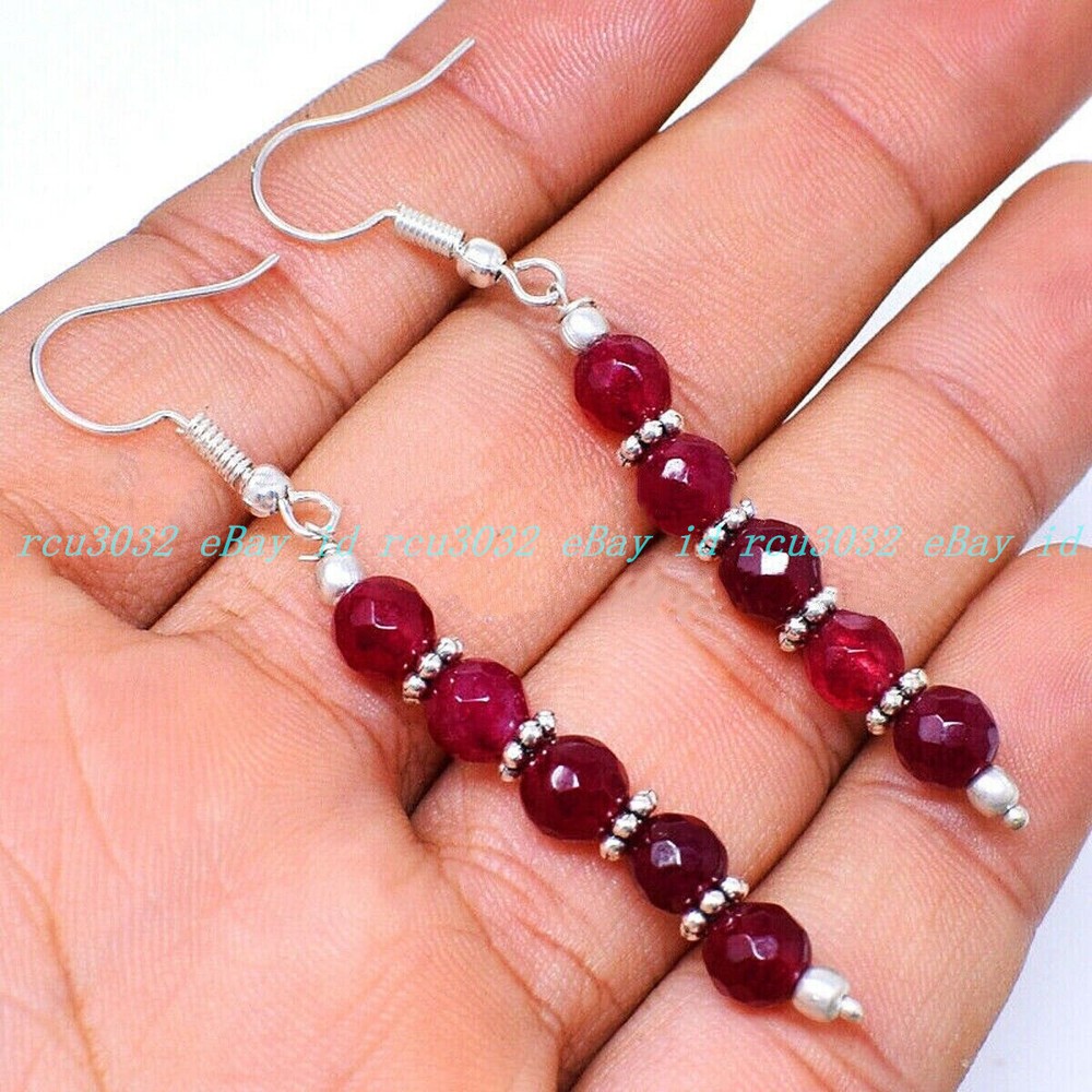 Faceted 6MM Red Garnet Round Gemstone Beads 925 Silver Hook Dangle Earrings AAA