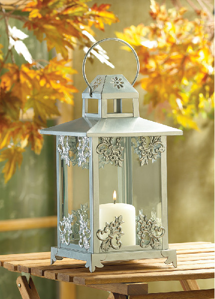 SILVER SCROLLWORK CANDLE LANTERN - 13" HIGH - IRON & GLASS