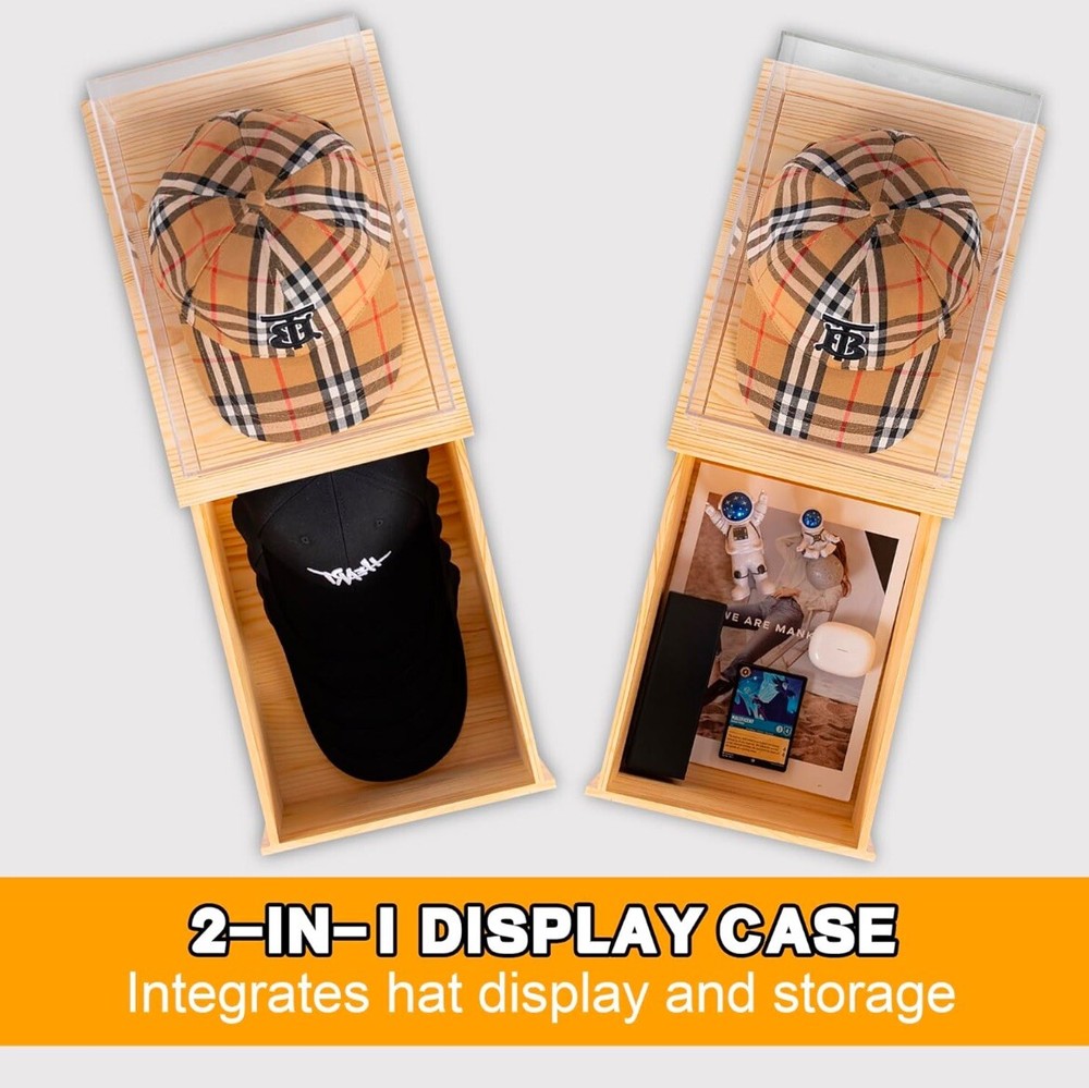 Clear Hat Display Case, Storage Wood Base