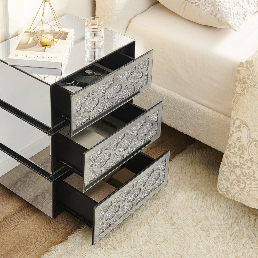 Mirrored Bedside Nightstand, Modern Side End Table w/ 3 Drawers Crushed Diamonds