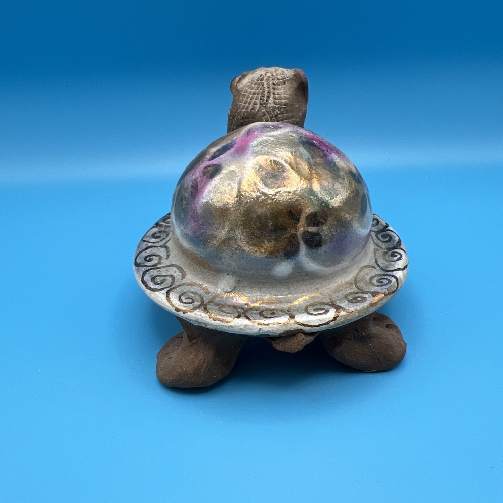 Handmade Turtle Tortoise Figurine With Glazed Iridescent Shell Pottery Head Up