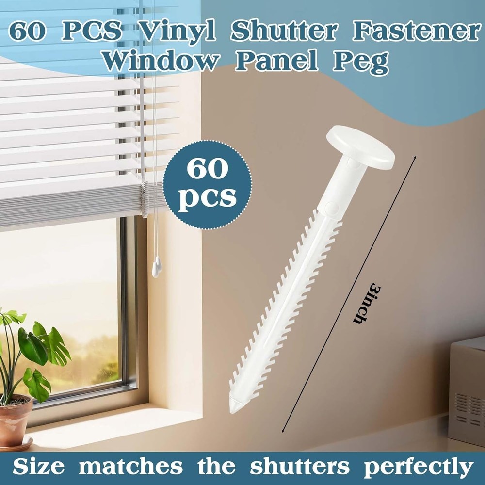 60Pcs 3 Inch Vinyl Shutter Fasteners, White Window Shutter Panel Pegs Shutter Sc