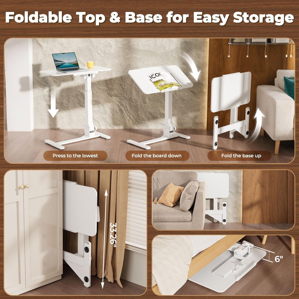 Foldable Overbed Bedside Table, 180° Tiltable Mobile Standing Desk with Wheel...