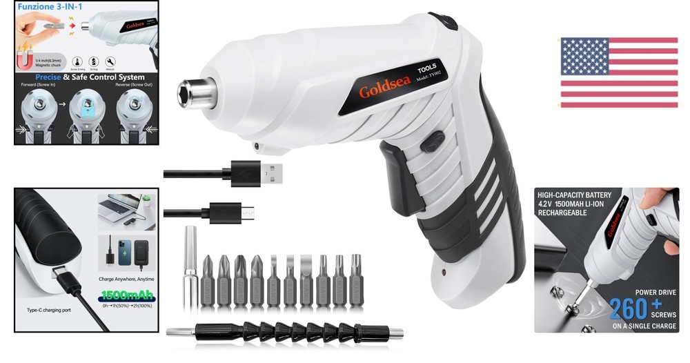 Cordless Electric Screwdriver 4.2V with Adjustable Handle & 10 Magnetic Bits