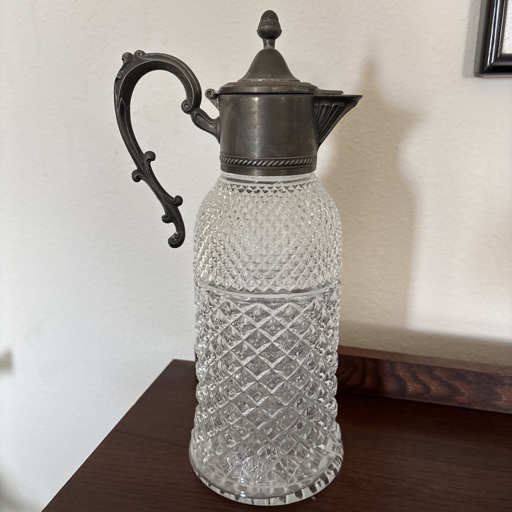 Crystal Carafe Pitcher Silver Plated Lid Pour Spout